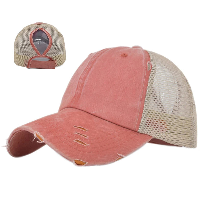 Wholesale Hip Hop Worn Out Ponytail Baseball Hats 6 Panels Washed Distressed Baseball Cap Denim Ponytail Mesh Baseball Cap Hat
