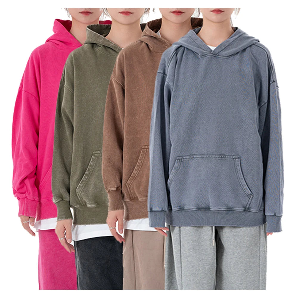 Wholesale Manufacturers Custom 350 GSM Heavyweight Oversized Cotton Vintage Washed Acid Wash Hoodie & Sweatshirts Men