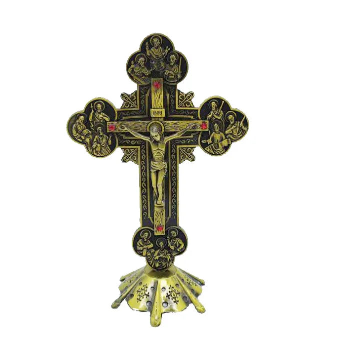 2025 New Arrival Metal 21.5cm Catholic Crafts Color Plated Standing Crucifix Prayer Cross Standing Crucifix