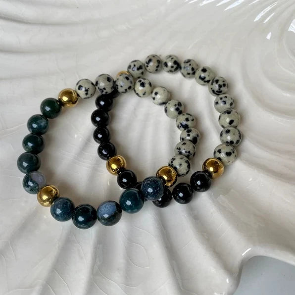 8mm Dalmatian Jasper Moss Agate Black Tourmaline Beaded Bracelet Healing Bracelet