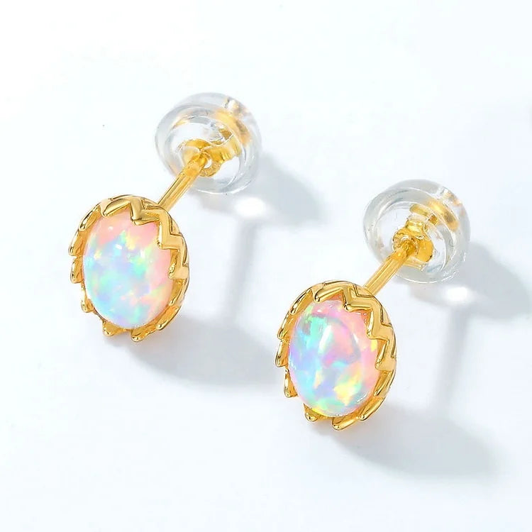 OEM ODM Fashion Simple Women 925 Silver Stud Earrings Wholesale 14k Gold Plated Oval Synthetic Opal Earrings