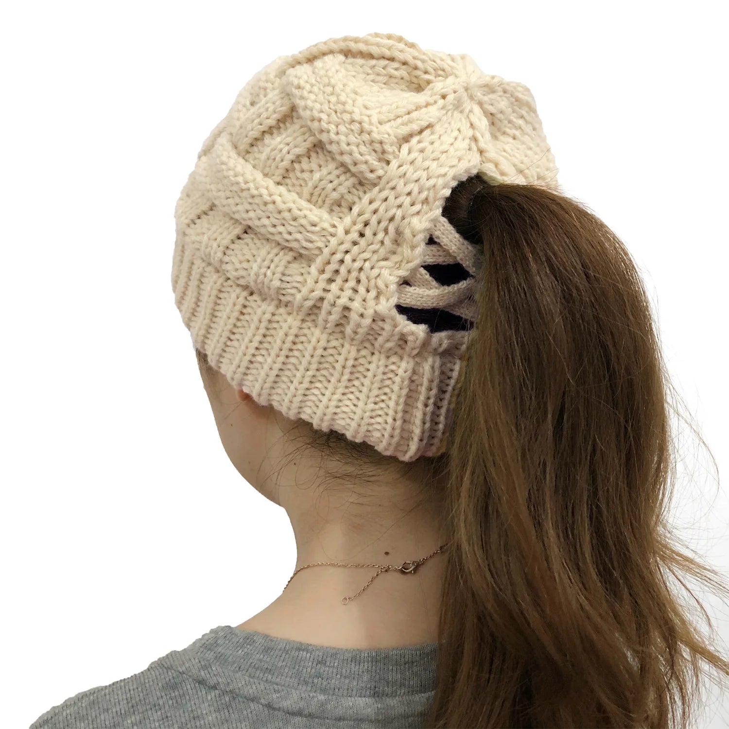 Crisscross Acrylic Custom Knitted Women's Leather Knit Ponytail Beanie Hat Crochet Chunky Warm Travel Striped Hairy