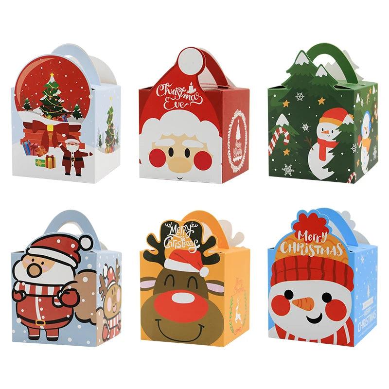 6 Designs Mixed Christmas Party Favour Small Gift Packaging Paper Boxes Xmas Candy Cookie Treat Paper Box With Handle