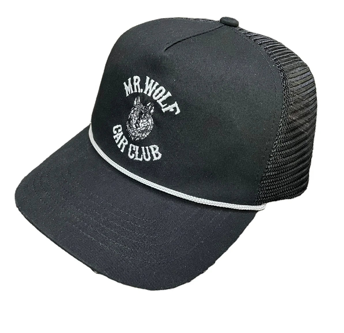 Customized Wolf Embroidery logo White Rope Across Front 5 Panel Unstructured Snapback Hats Trucker Hat With Half Mesh Buckram