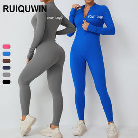RUIQUWIN Women's Seamless Ribbed Jumpsuits Long Sleeve Integrated Zipper High-intensity Sports Fitness Clothing for Women