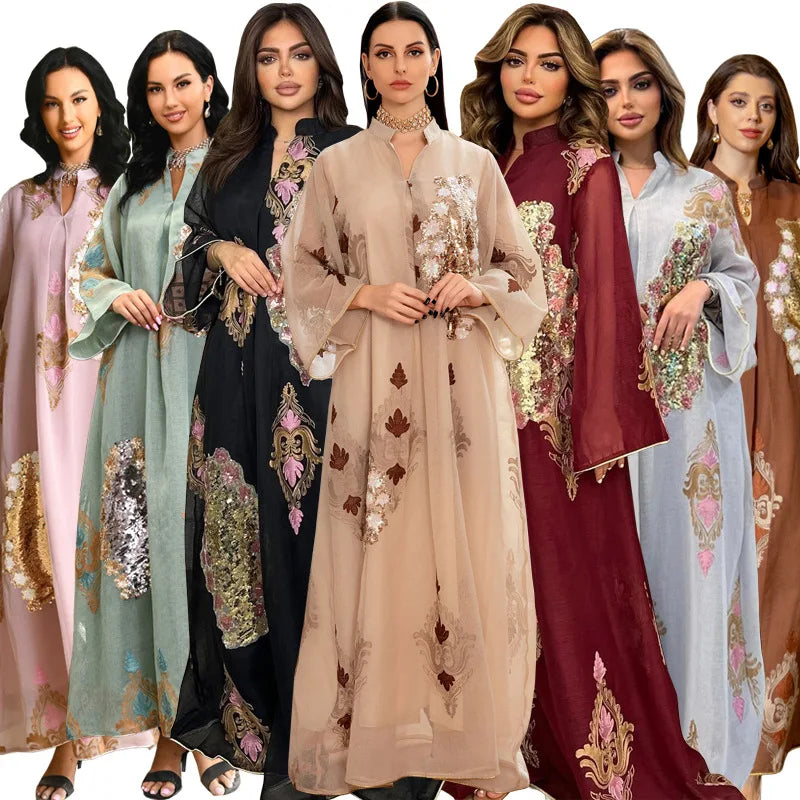 AB162 Middle East Mesh Sequins Embroidered Flower Abaya Women Muslim Dress Dubai Maxi Dress Ladies Muslim Islamic Dress