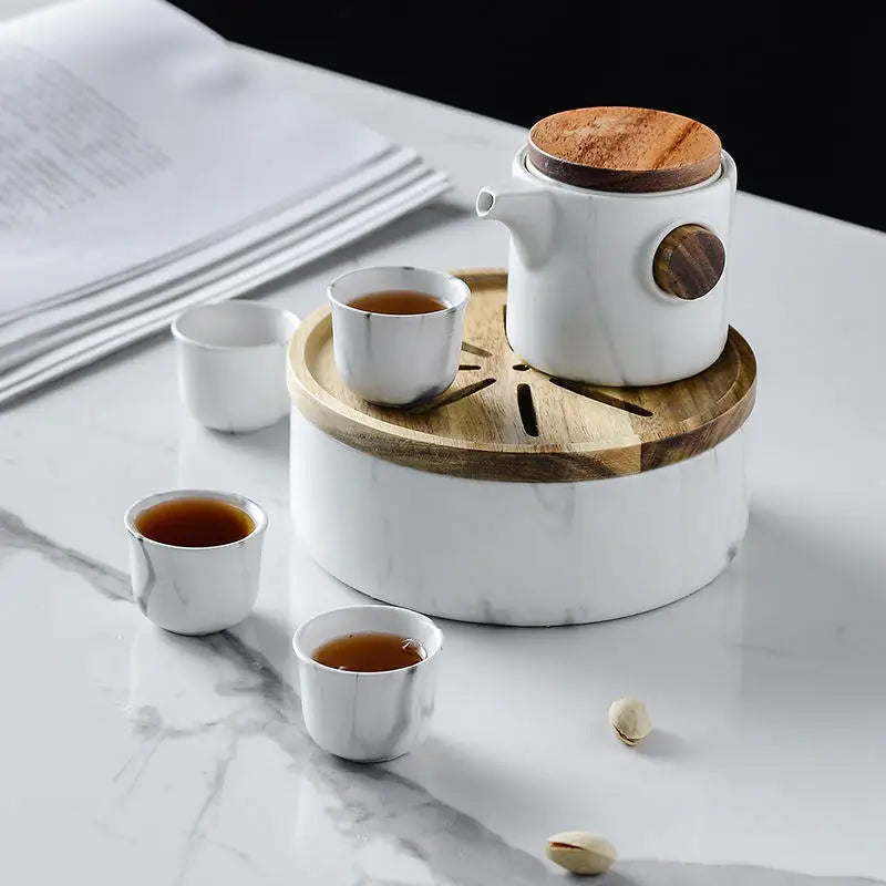 Customized Logo Nordic Creative Simple Ceramic Tea Set White Black Teapot with Wooden Handle and Saucer Coffee & Tea Sets