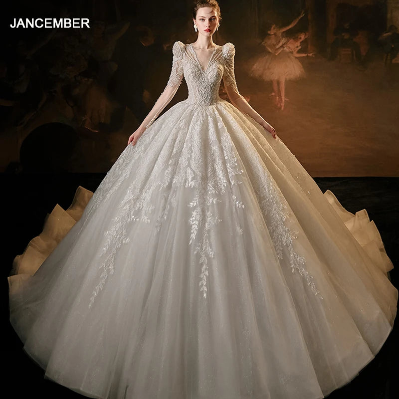 Blossom Mist Vintage Lace Long Sleeves Wedding Dress 2024 Luxury Dubai Royal Train Princess Bridal Gowns Lsmx023