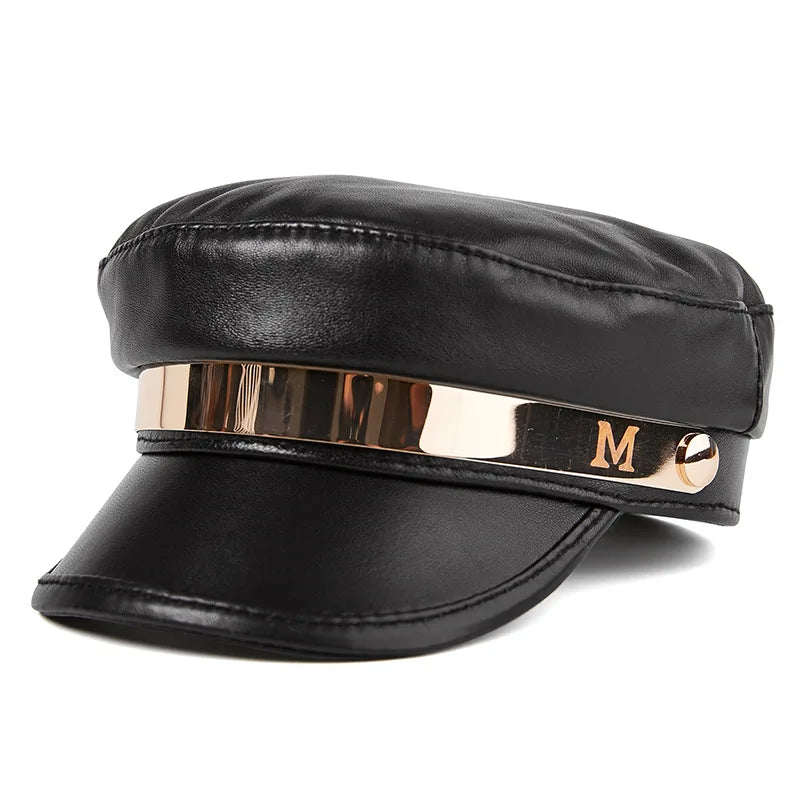 R076 Outdoor Leisure Fashion Sheepskin Lady Cap Flat Top Black Hats Leather Hat Style