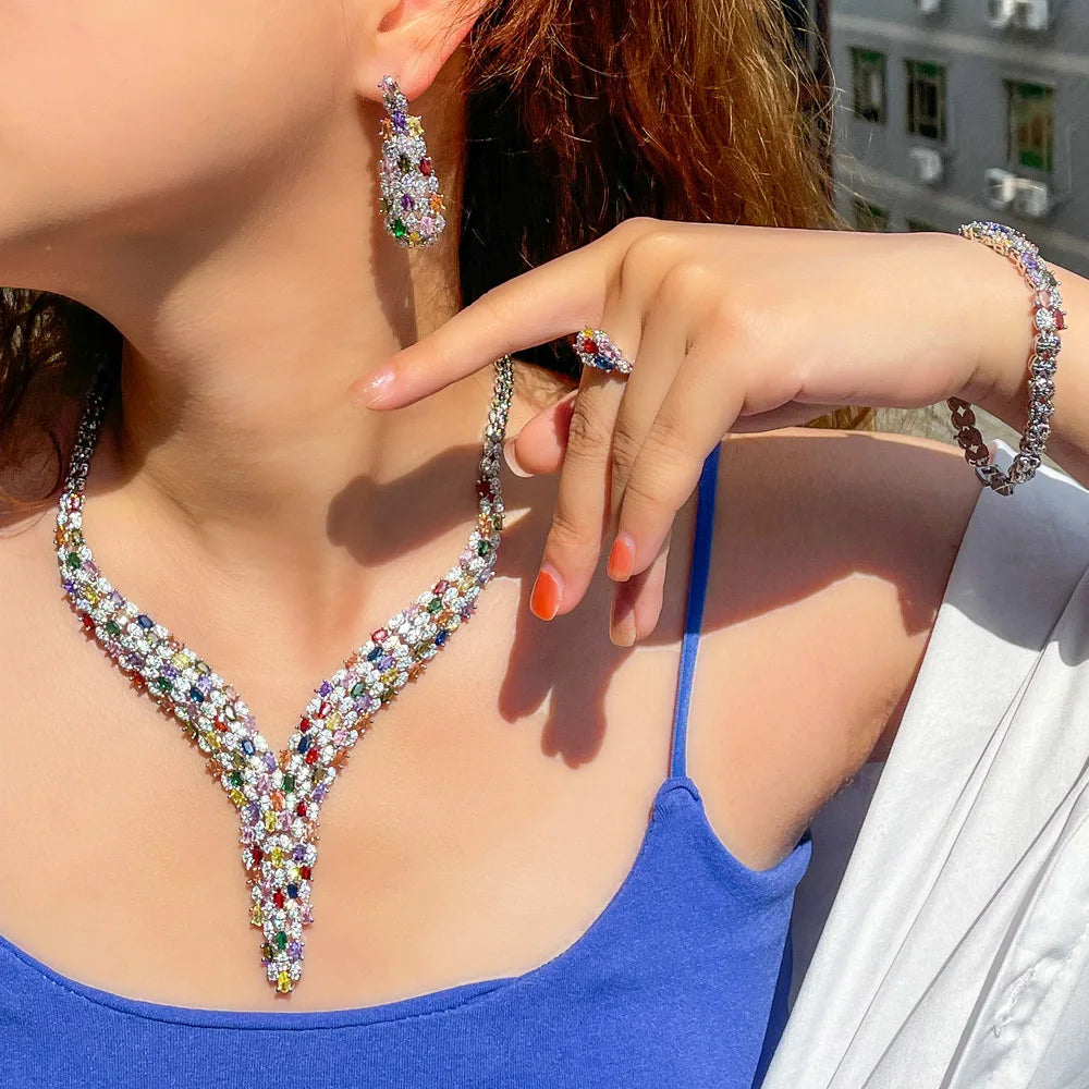 Cubic Zirconia Stone Heavy Work Multi Color Big Necklace Arabic Dubai Bridal Jewelry Set for Women Luxury Wedding Accessories