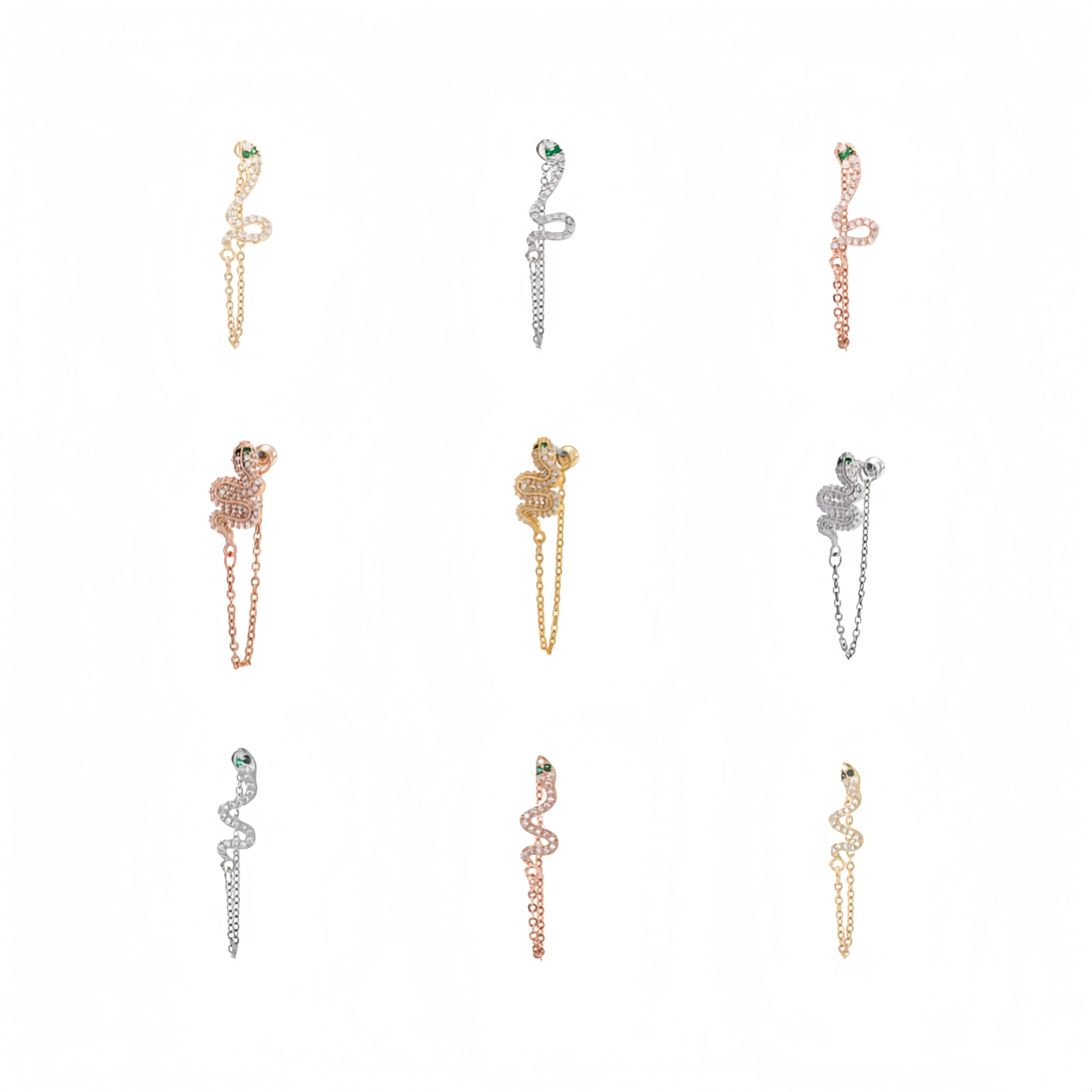 Small Animal Zircon Ear Bone Nail Ins Retro Korean 2024 New 18K Gold Plated Brass Simple Women Snake Earring Studs With Chain