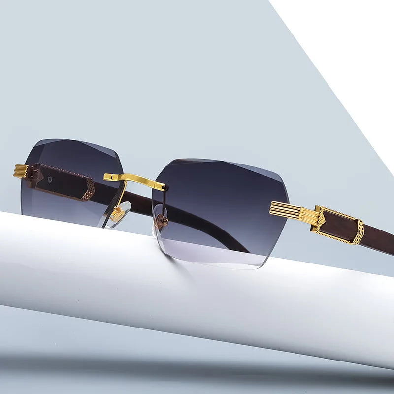 Sunway Eyewear Customization Sun Glasses Custom Design Logo New Fashion Polygon Rimless Wooden Grain Temple Men Women Sunglasses