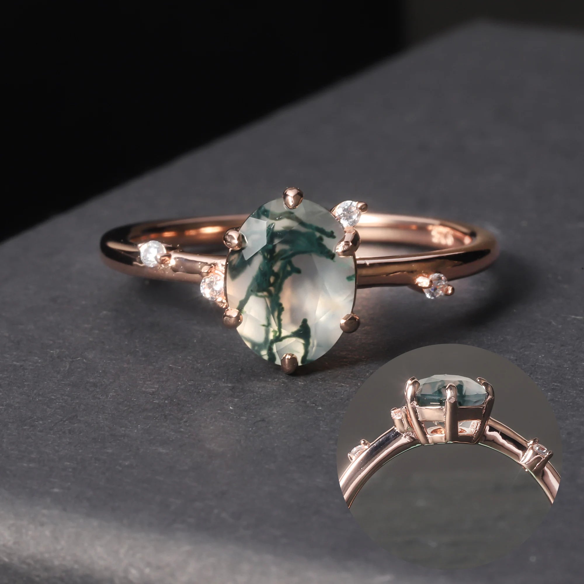 OL1041 Abiding Fine Jewelry Custom Oval 6x8mm Stone Rose Gold Plated 925 Sterling Silver Moss Agate Engagement Ring