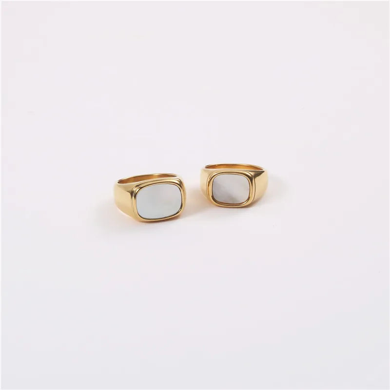 Trendy Minimalist Style 18K PVD Gold Plated Tarnish Free & Water Resistant White Shell Rings Stainless Steel Jewelry for Women
