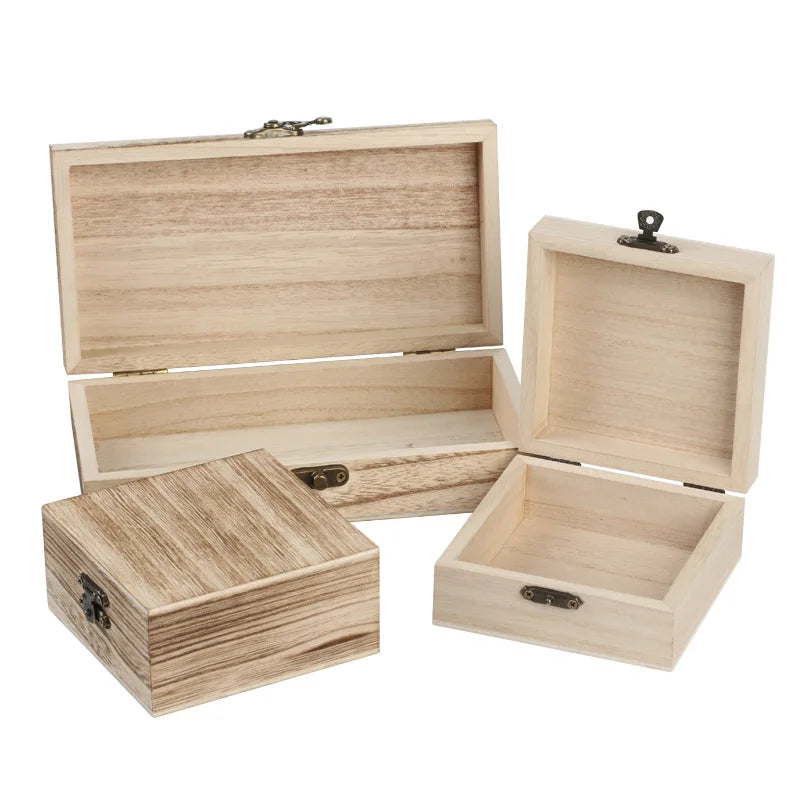 Rustic Unfinished Unpainted Wooden Box with Hinged Lid for Crafts DIY Storage Jewelry Plain Paulownia Wood Box