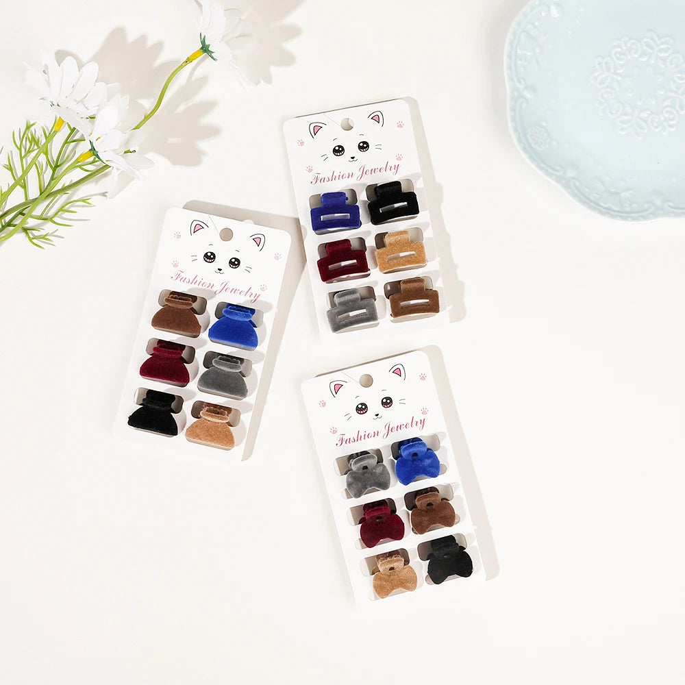 Mini Velvet Hair Claws Card Set 6pcs Plastic Acetic Acid Hair Clips for Bangs