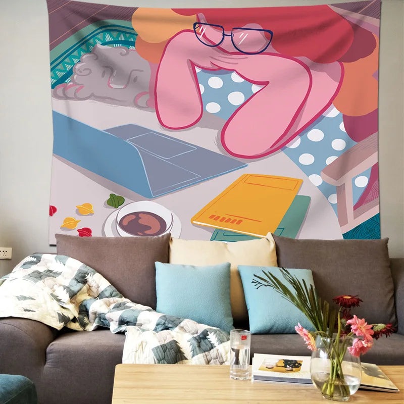 2025 Cartoon Tapestry Wall Hanging Bedroom Decor Blanket Hippie Background Illustrations Mural Psychedelic Abstract Decoration