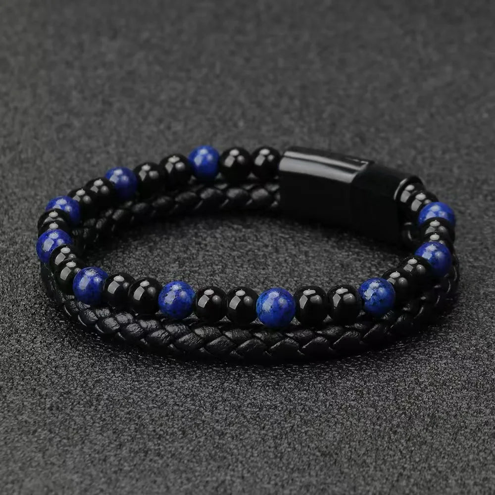 Volcanic Stone Natural Stone Bead Bracelet Men's Genuine Leather Rope Woven Bangle