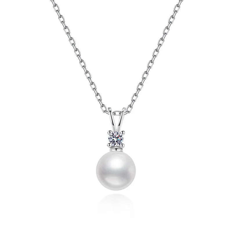 S925 Sterling Silver Natural Freshwater Pearl Moissanite Necklace Classic Style Silver Plated for Gift