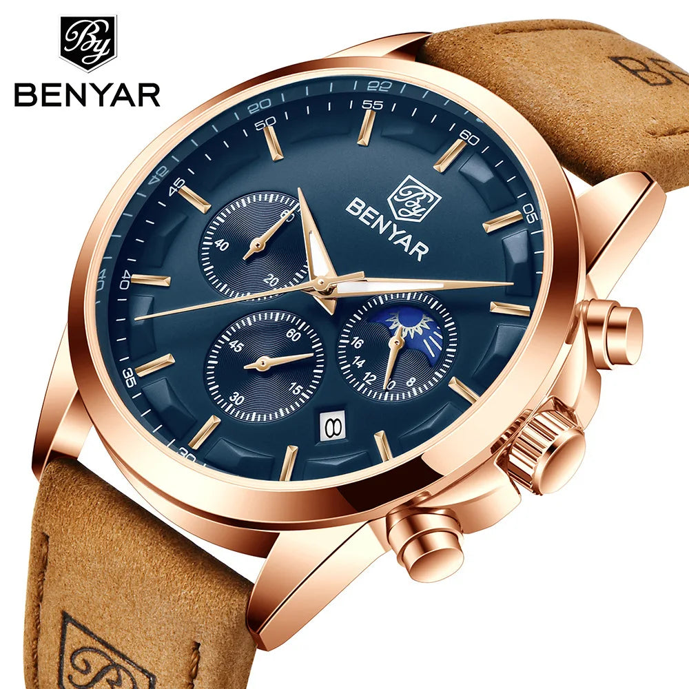 BENYAR Watch Quartz Men's Leather Waterproof Sports Watches Fashion Chronograph Blue Man Wristwatch Reloj Hombre 5160 Clock