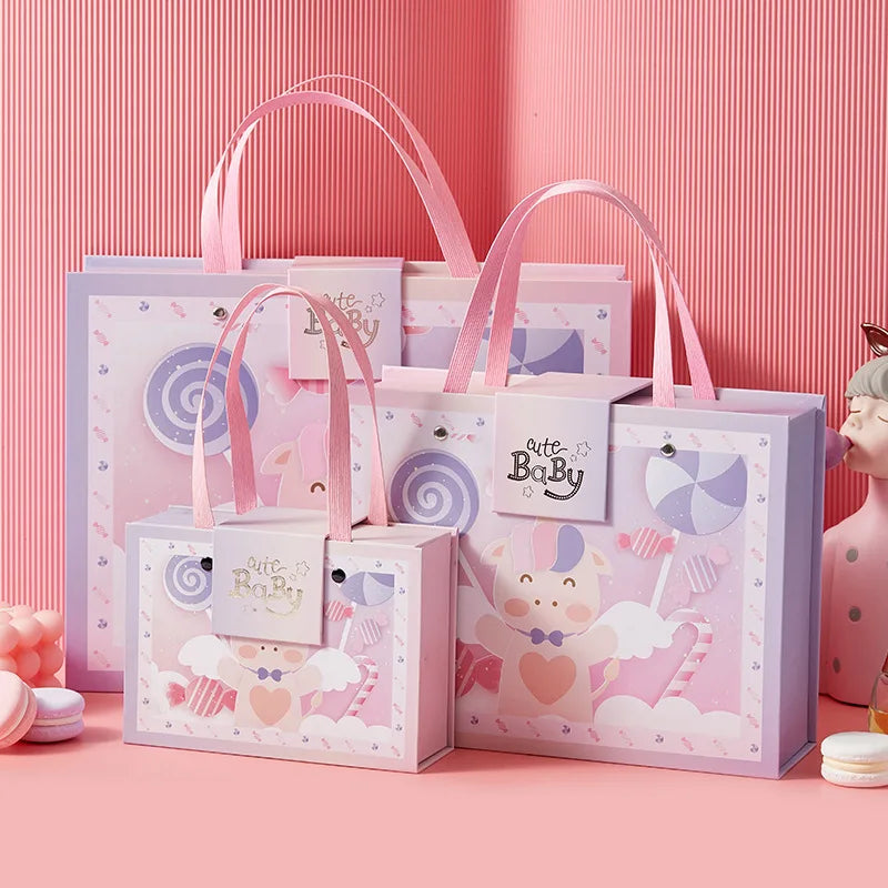 Baby pink Purple Starry Hot Foil Exquisite Romantic Animal Pattern Baby Birthday Portable Gift Package Paper Box With Handle