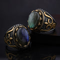 Ready to Ship Trendy Gemstone Jewelry 14K Gold Large Rainbow Moonstone Natural Stone Gemstone Engraved Signet Men Ring