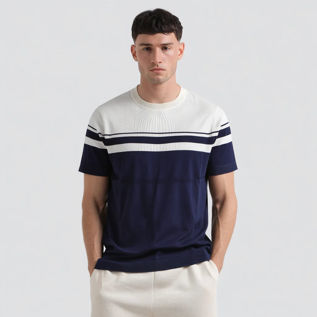 Men's Summer Breathable Short Sleeve Bardot Neckline Knit Blouse off the Shoulder Striped Top in Navy and White-Wholesale
