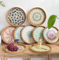 Round Rattan Wicker Tray With Mother of Pearl Inlay Wooden Base and Insert Handle for Fruit Serving