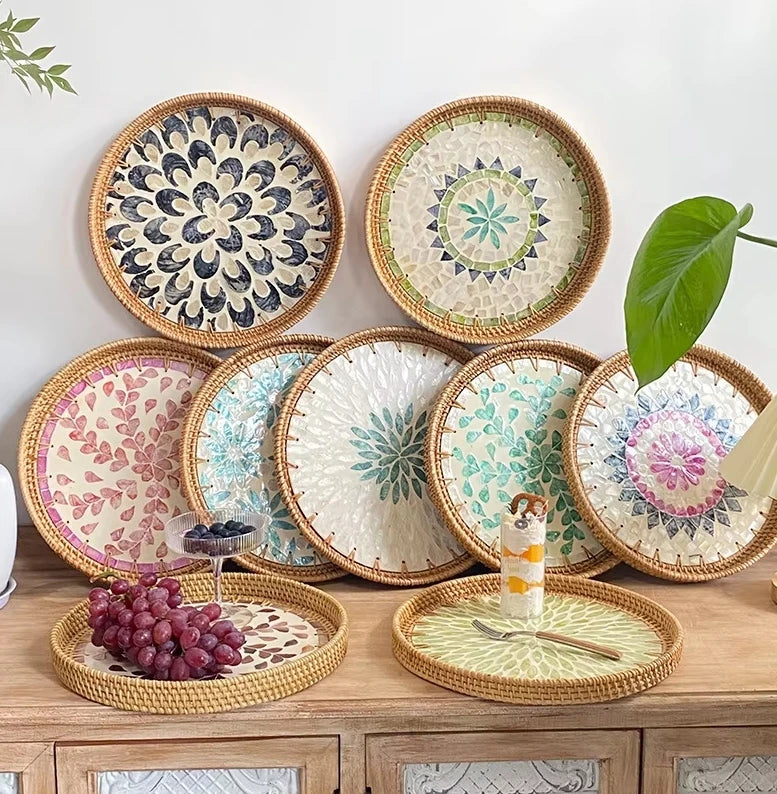 Round Rattan Wicker Tray With Mother of Pearl Inlay Wooden Base and Insert Handle for Fruit Serving