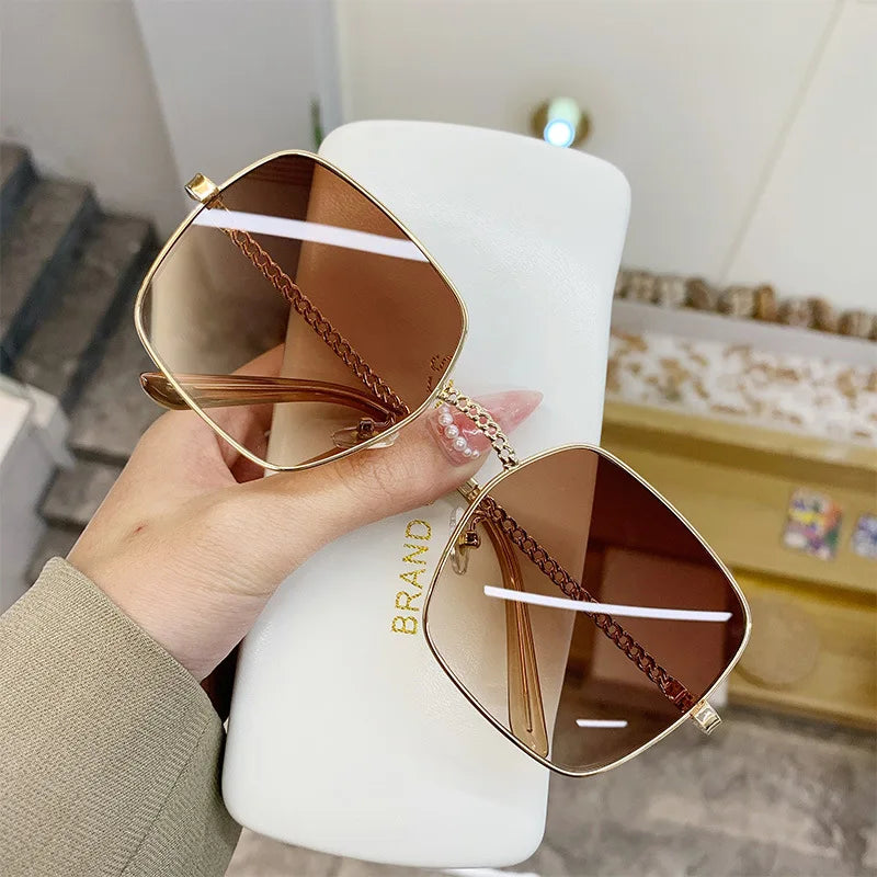 Large Square Metal Frame Female Sunglasses Lunette De Soleil Beach Shades