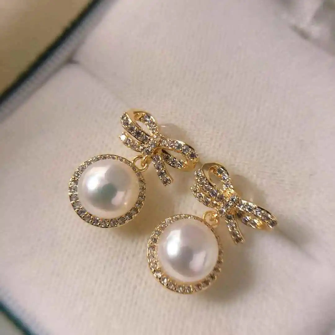 S925 Silver Needle Anti-Allergy Bow Earrings with 8-9mm Natural White Freshwater Pearls Jewelry for Girls
