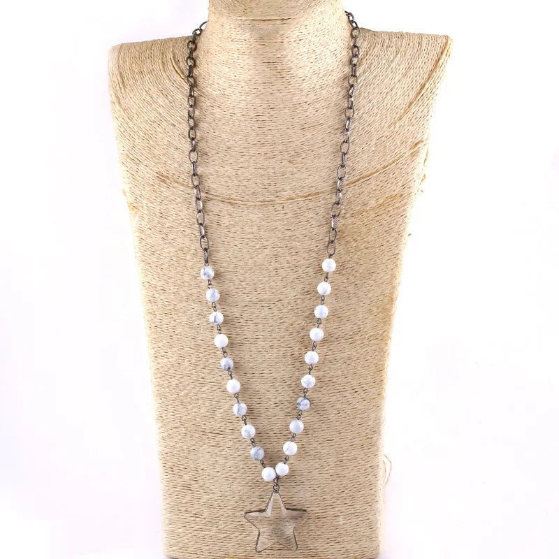 Birthday Gift Women Natural Map Stone Gold Druzy Necklace Howlite Clavicle Chain Round Disco Solider Star Pendant Necklace