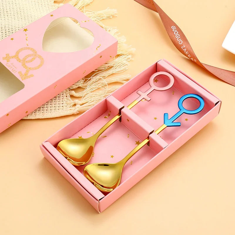 Cute Couple Pink Blue Stainless Spoon 2pcs Gold Spoons Set Heart Dessert Spoon with Gift Box for Wedding