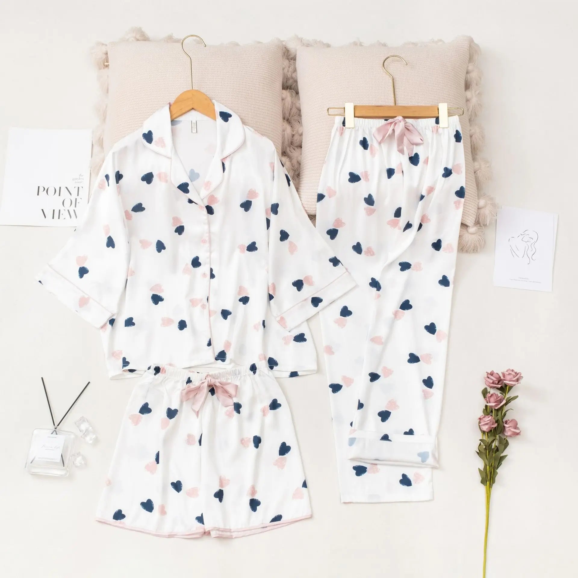 Polyester Sleepwear High-end and Caring Three Piece Set with Bat Sleeves and Seven Quarter Sleeves Polyester Home Suit Set