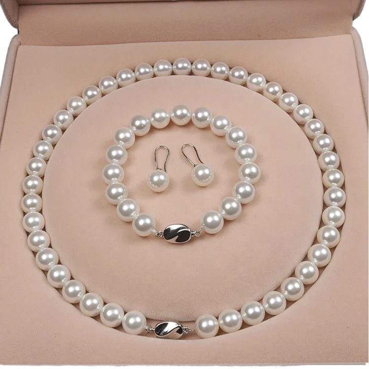 Trendy Korean Design Exquisite Gift Jewelry Set 10mm White 100% Natural Sea Shell Pearl Necklace for Women Cheap 3 Color Strand