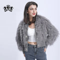 Fashion Short V-necked Woolen Coat Mink Fur Stripe Together Warm Thick Sweet Knitted Raccoon Fur Coat