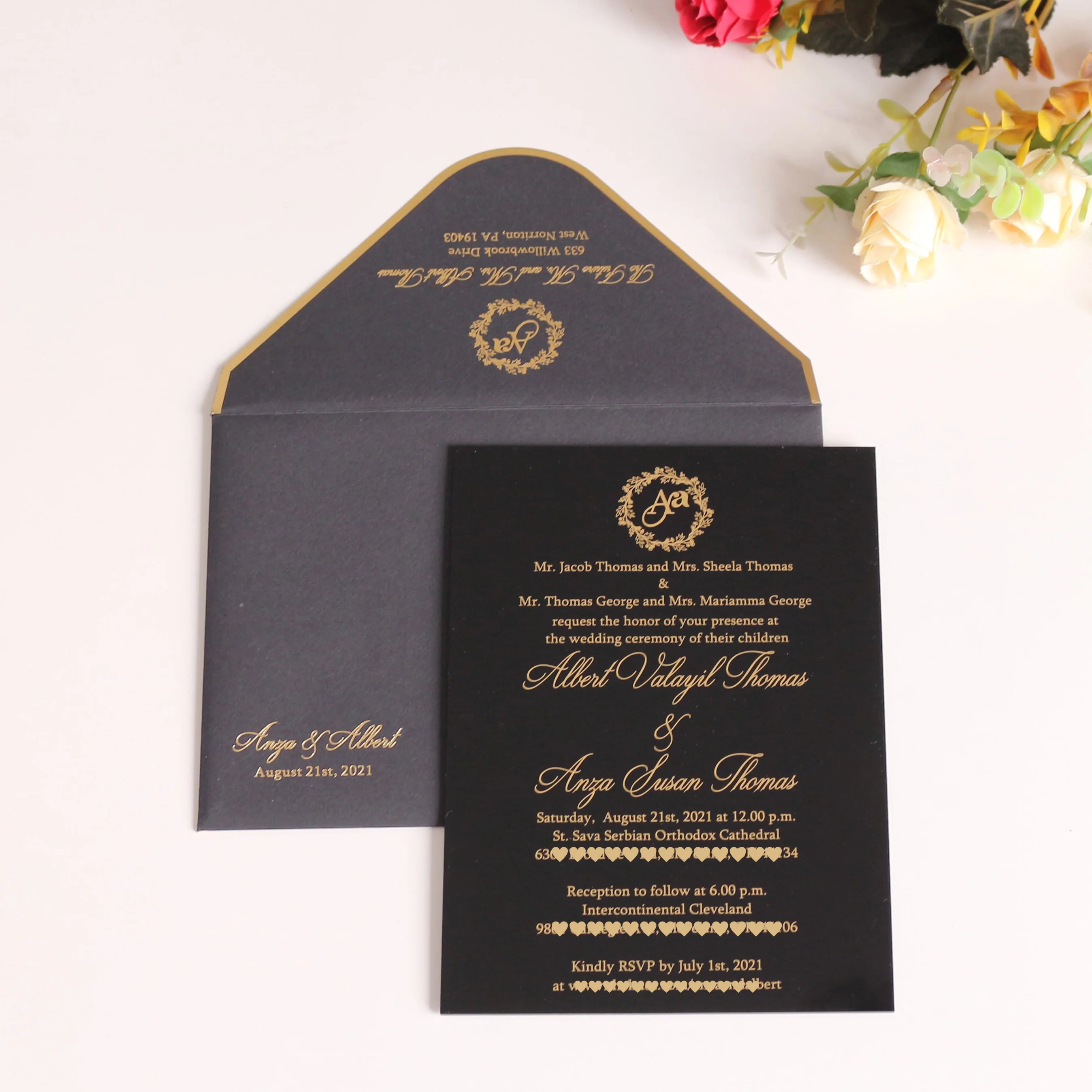 High-End Black Acrylic Wedding Invitation Card with Gold Print Music Angel & Cross Style Featuring Paper Envelope