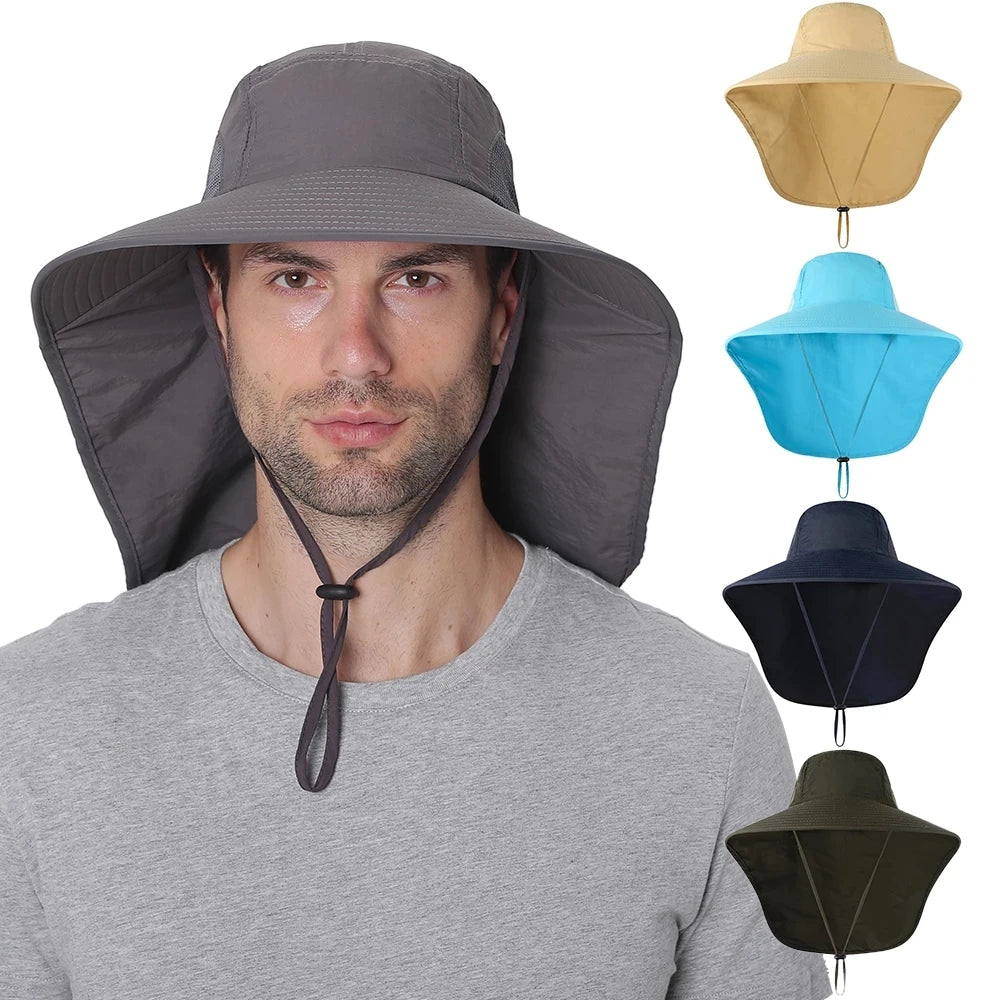 Wide Brim Quick Drying Mesh  Neck Cover Bucket Fisherman Safari Hat With String and Neck Flap