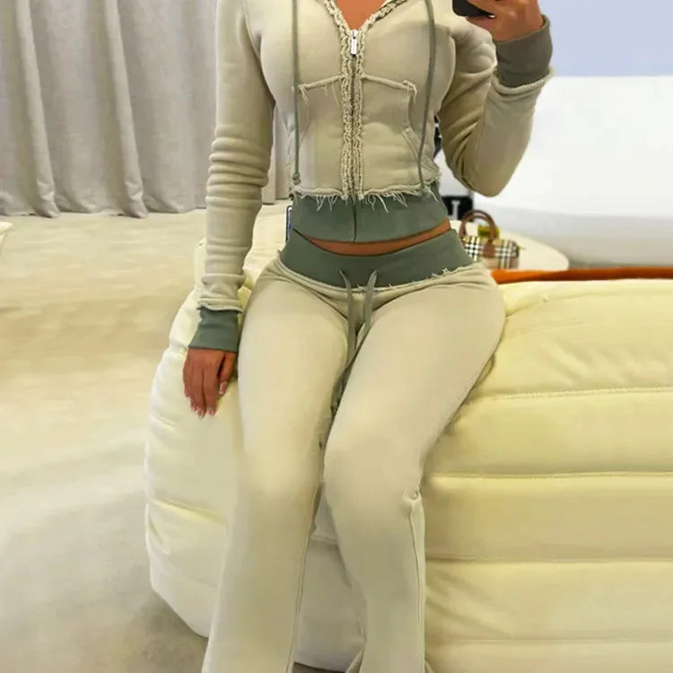 Custom Manufacturer Plain Sweatsuit Acid Wash Distressed Zip up Cropped Hoodie and Stack Sweatpants Set Women Tracksuit