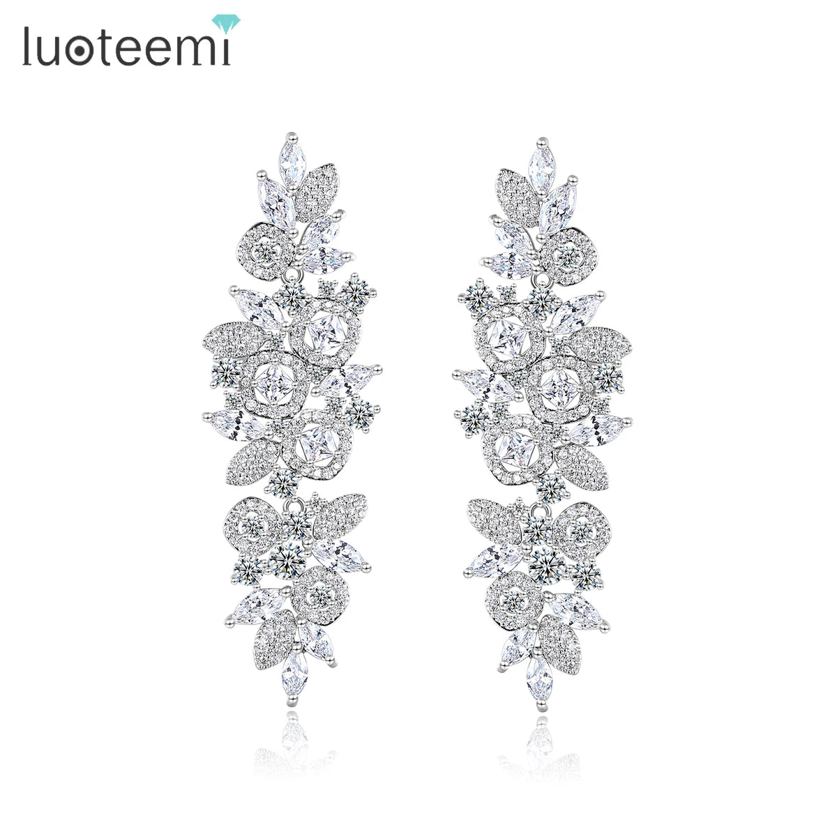 LUOTEEMI Rhodium Plated Silver Color Long Flower Zirconia Diamond Tassel Earrings for Women 2027 Macrame Fringe Leaves Earring