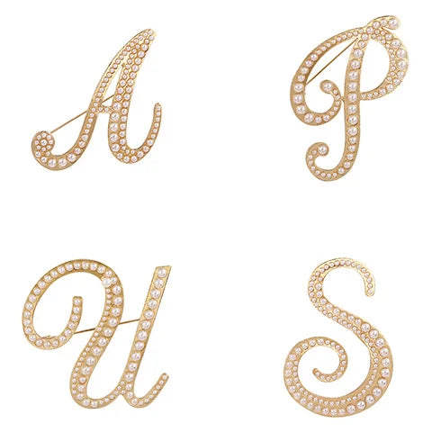 RisingMoon European and American Fashion 26 Letter Pearl Brooch Pin for Women