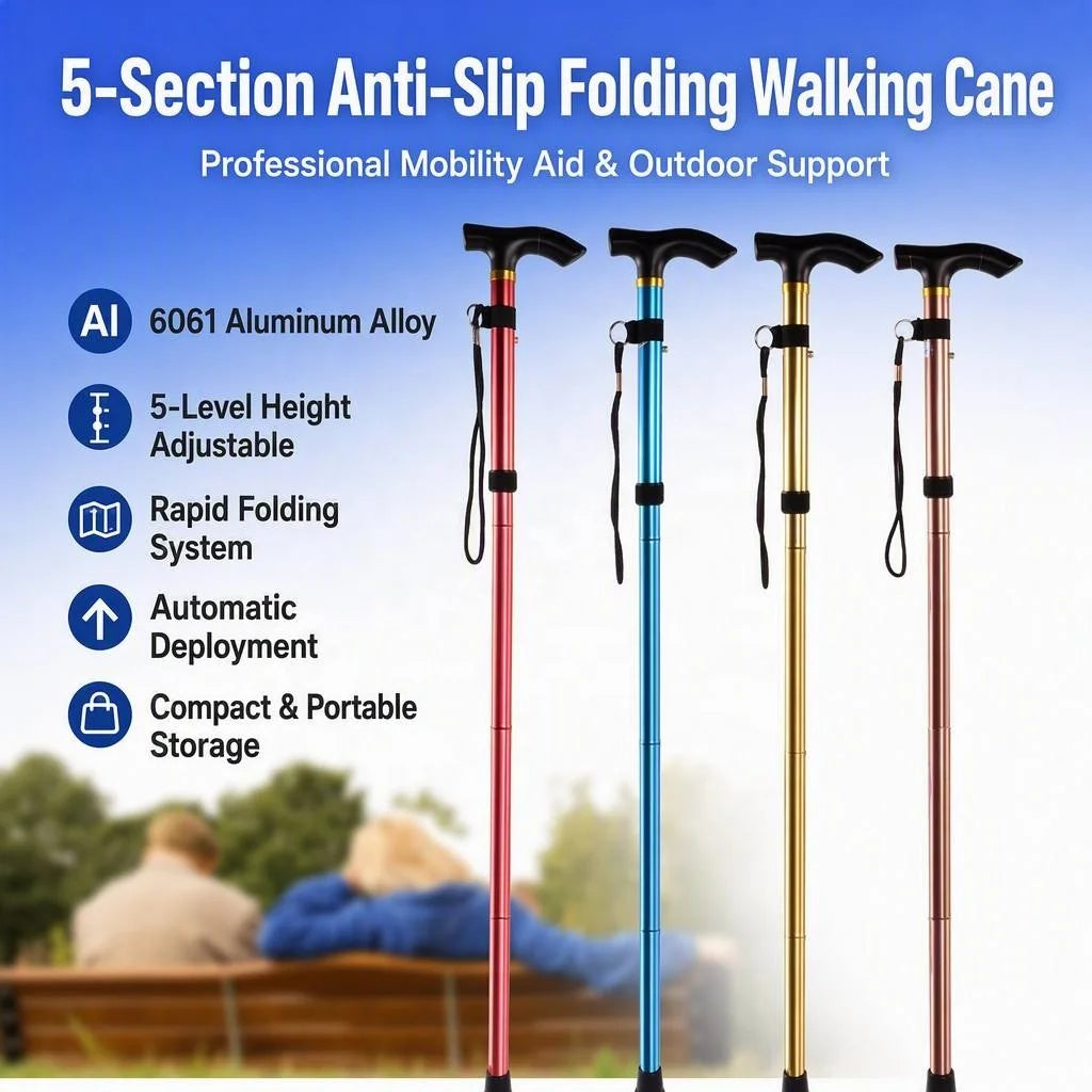 CE Aluminum Telescopic 3-Section Hiking Mountain Climbing Adjustable Folding Walking Cane with Rubber Tip OEM/ODM MegaBDM
