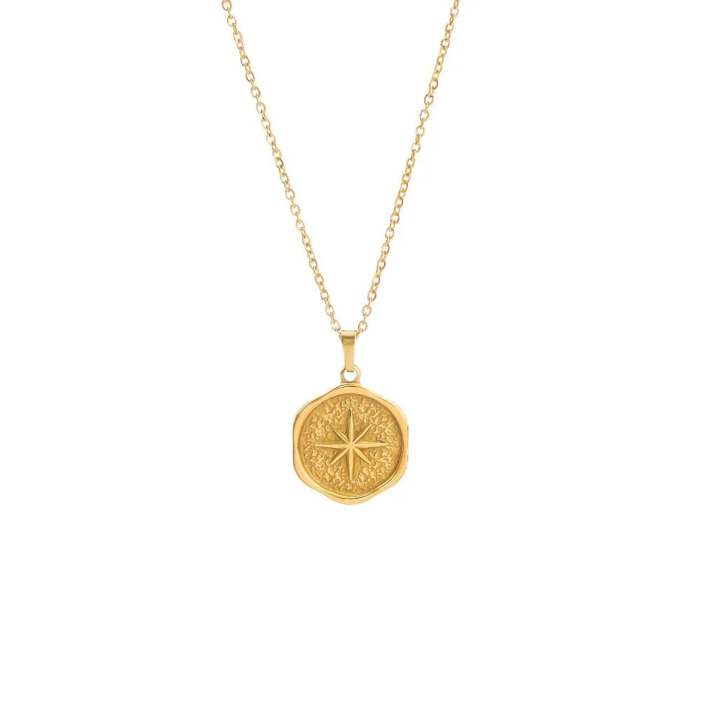 Ins Trendy Relief Octagonal Star Pendant Stainless Steel Necklace Elegant Flower Shaped Women Collarbone Chain 18k Gold-Plated