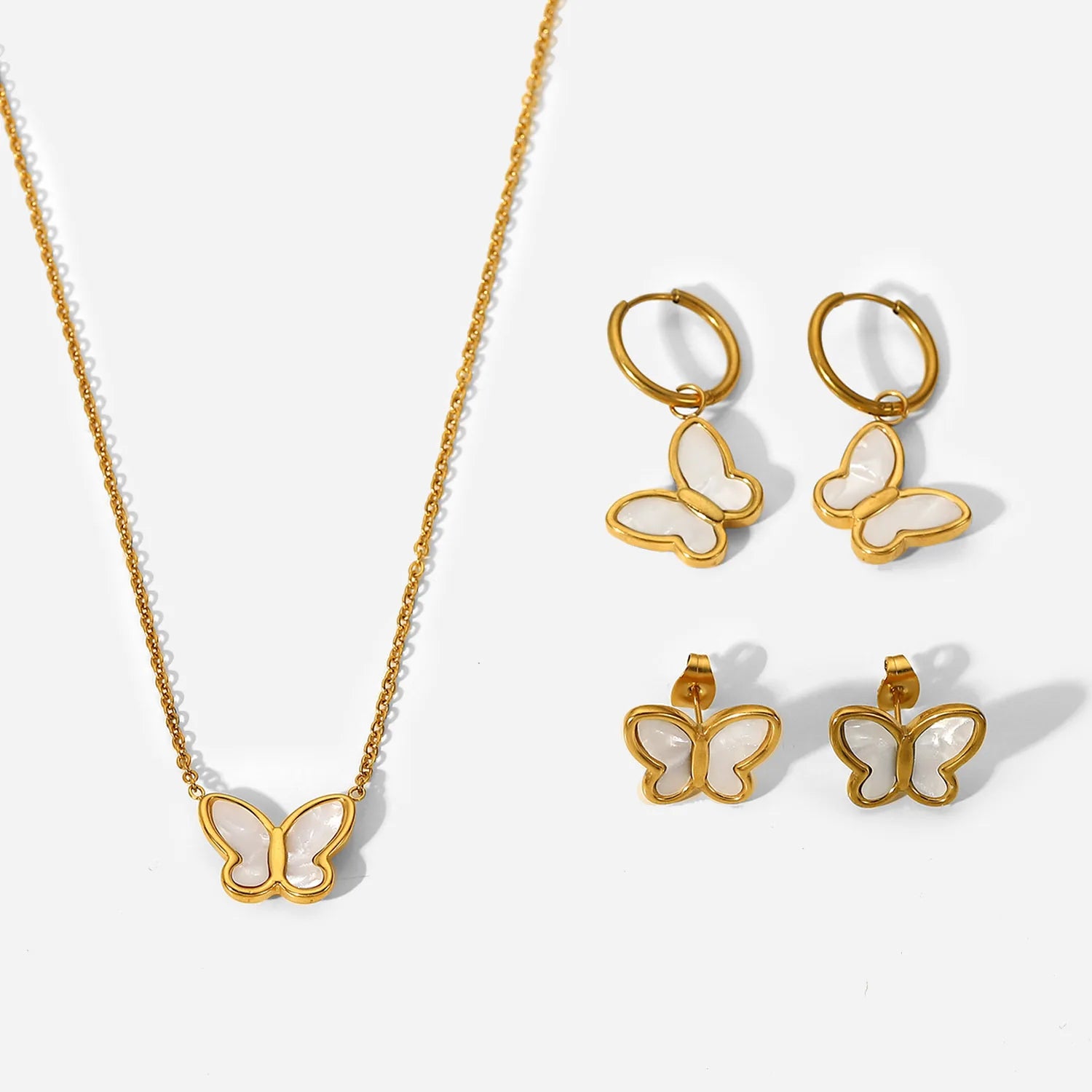 Natural White Shell Butterfly Pendant Hoop Earrings Stainless Steel Gold Plated Matching Jewelry Set Stud Earrings Necklace