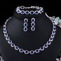 Gorgeous Dark Blue Oval Cubic Zirconia Paved Women Jewelry Set Bridal Party Wedding Drop Necklace Bracelet and Earrings Jewelry