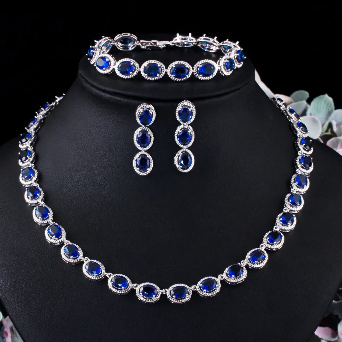 Gorgeous Dark Blue Oval Cubic Zirconia Paved Women Jewelry Set Bridal Party Wedding Drop Necklace Bracelet and Earrings Jewelry