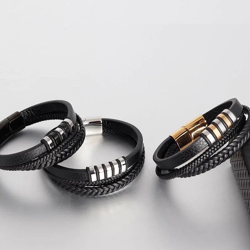 Stainless Steel Genuine Leather Bracelet Trend Multilayer Leather Rope Bracelet High-quality Men Jewellery Accessories