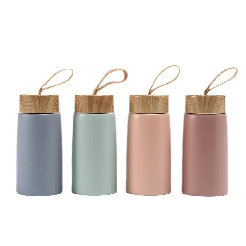 Portable Travel Wood Grain Lid Insulated Coffee Mug 304 Stainless Steel Tumbler Thermos Vacuum Flask Mini Water Bottle Cup