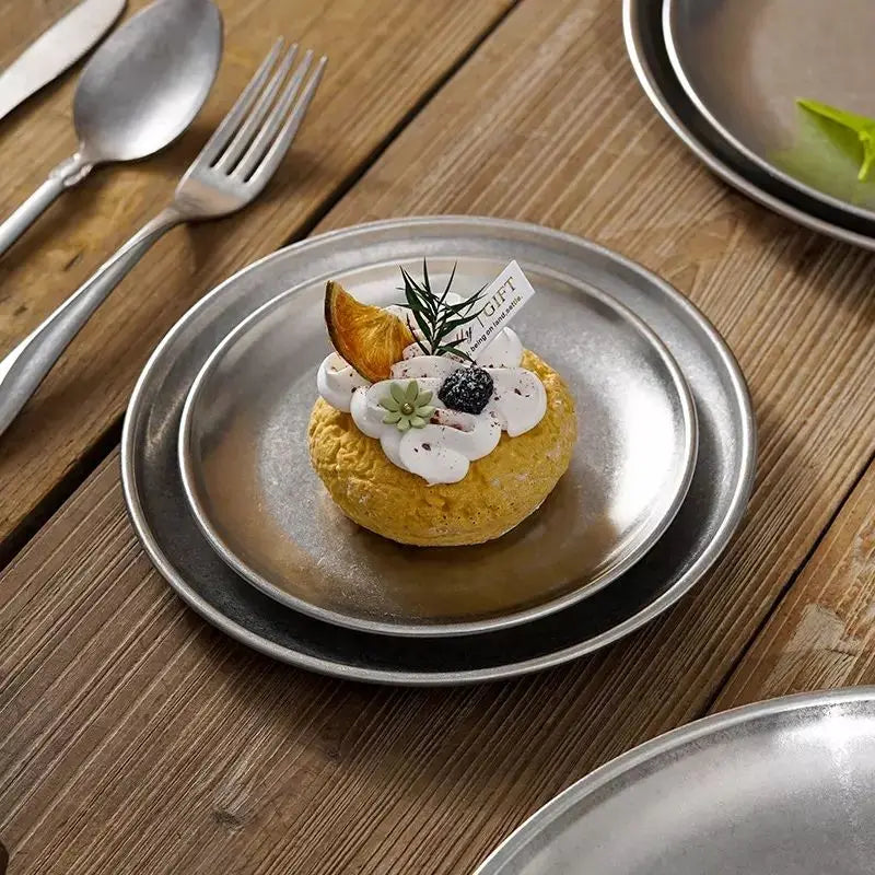 14/17/20cm Eco-Friendly Durable Stainless Steel Charger Plates Korean Design Circular Dinner Dish Serve Trays Snacks Steak