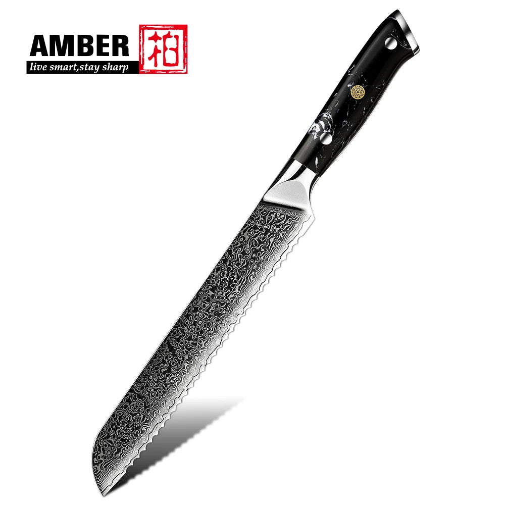 Elaborate Unique Design Damascus Steel Kitchen Bread Knife with Durable Full-tang Black Turquoise Stone Handle